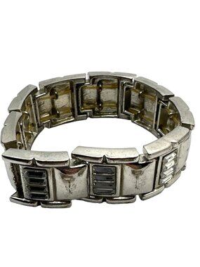 Vintage Tile Bracelet Stretch Acrylic Baguette Bead Silver Tone
